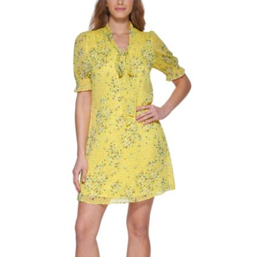 DKNY Yellow Floral, Short Sleeve, V-Neck‎ Dress with Tie Neck, Size 16, NWT